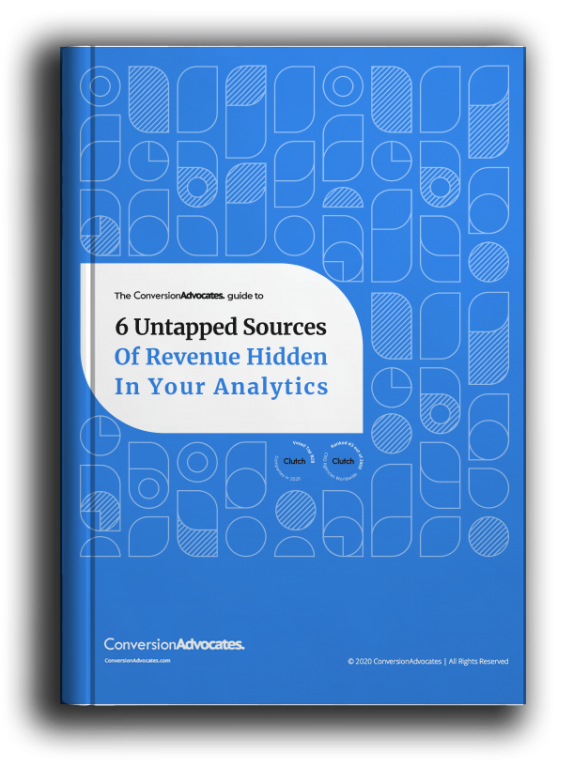 A 3D blue book cover with white graphic elements and a title 6 untapped sources of revenue hidden in your analytics by ConversionAdvocates.