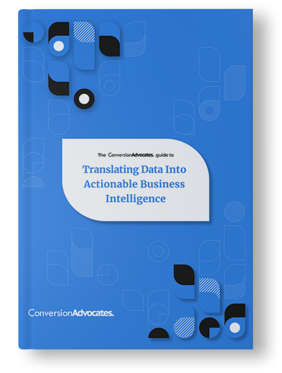 A blue book cover with title Translating Data into business intelligence
