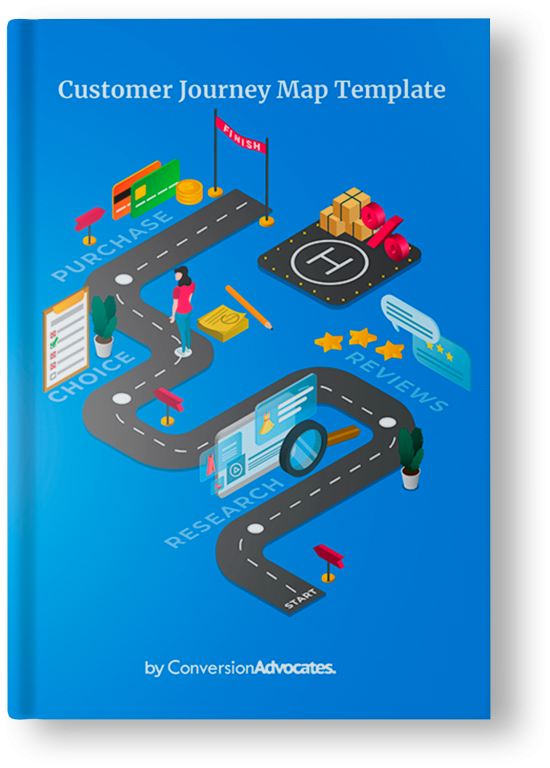 3D blue book cover with a two way street leading through data analytics reports titled Customer Journey Map Template