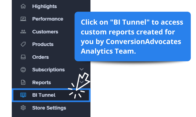 A screenshot of the side menu from BI tool Insights with "BI Tunnel" highlighted and blue text box clarifying that by clicking on BI tunnel option user can access custom reports created by ConversionAdvocates analytics team.